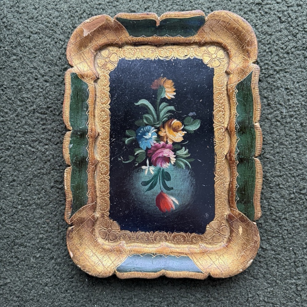 Vintage Italian Florentine Gilt Wood Tray Hand Painted Floral Renzo Carli Italy